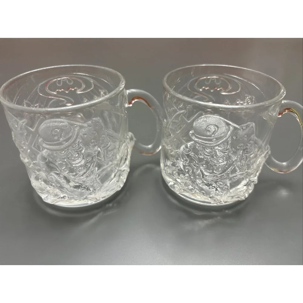 LOT 2 McDonald's BATMAN FOREVER 3D Embossed Collector Glass Mug 1995 Vintage